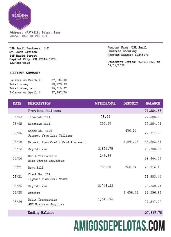 Imprimível Laos Indochina Extrato de conta comercial modelo Word e PDF (1)